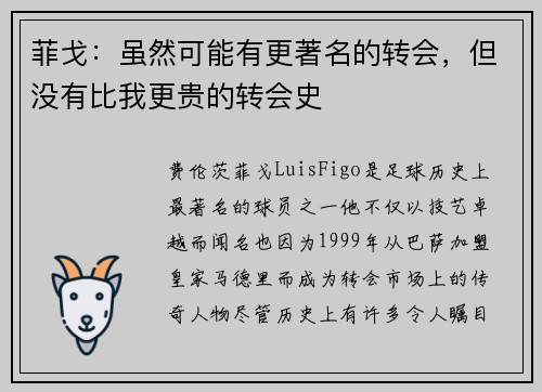 菲戈：虽然可能有更著名的转会，但没有比我更贵的转会史