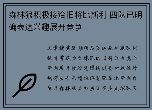 森林狼积极接洽旧将比斯利 四队已明确表达兴趣展开竞争